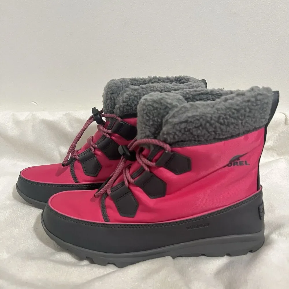 Sorel Youth Whitney Carnival Snow Boot Size 6 Pink Gray Winter Ski Outdoor Fur‎